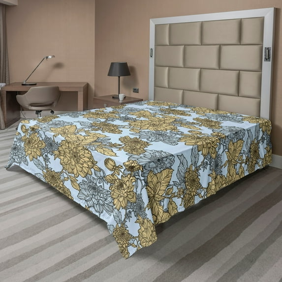 Ambesonne Botanical Flat Bedding Sheet Soft Top Sheet, Simplified Vintage Flora, Queen, Pale Blue and Sand Brown