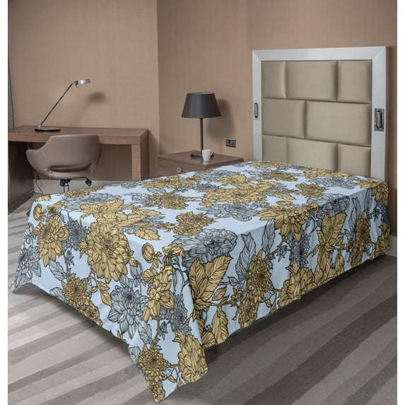 Ambesonne Botanical Flat Bedding Sheet Soft Top Sheet, Simplified Vintage Flora, Twin XL, Pale Blue and Sand Brown