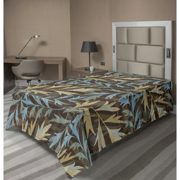 Ambesonne Botanical Flat Bedding Sheet Soft Top Sheet, Striped Leaves Vintage, Twin XL, Dark Eggshell and Cadet Blue
