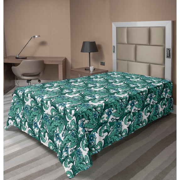 Ambesonne Botanical Flat Sheet, Art Deco Style Curvy Art, Twin Size, Sea Blue and Jade Green