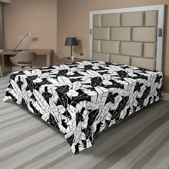 Ambesonne Botanical Flat Sheet, Banana Leaves Tropical, King Size, Black and White