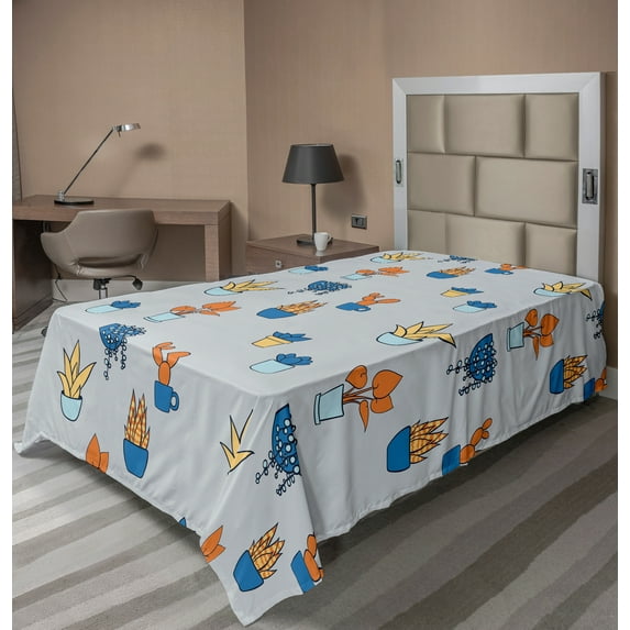 Ambesonne Botanical Flat Sheet, Colorful Plants in Pots, Twin Size, Pale Taupe Multicolor