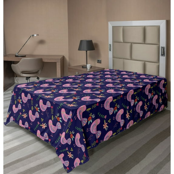 Ambesonne Botanical Flat Sheet, Folk Birds and Flowers, Twin Size, Indigo and Multicolor