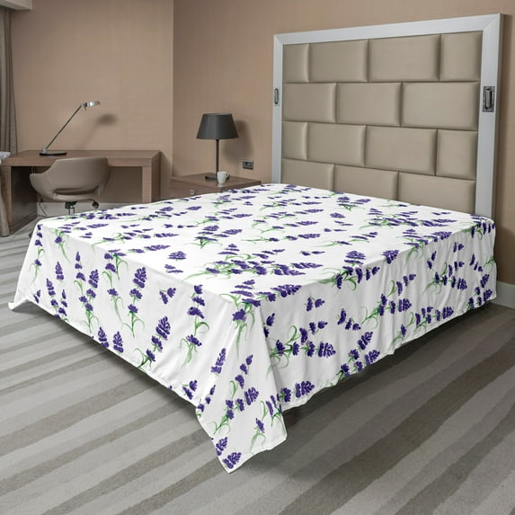 Ambesonne Botanical Flat Sheet, Lavender Bouquet Romance, King Size, Indigo Olive Green
