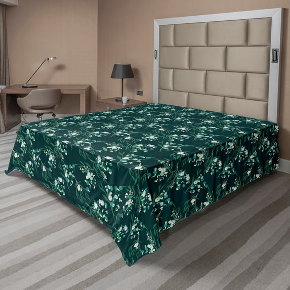 Ambesonne Botanical Flat Sheet, Nature Herbal Flourishes, Queen Size, Petrol Blue Jade Green