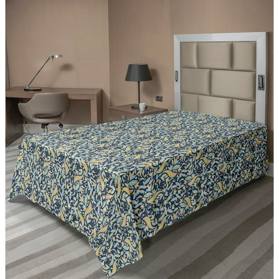 Ambesonne Botanical Flat Sheet, Pastel Twisted Leaves, TwinXL Size, Dark Blue Multicolor