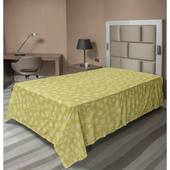 Ambesonne Botanical Flat Sheet, Retro Flowers and Herbs, Twin Size, Khaki Pale Yellow