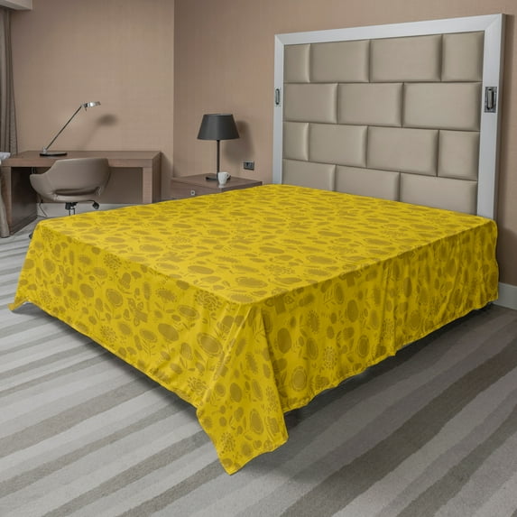 Ambesonne Botanical Flat Sheet, Retro Style Garden, King Size, Khaki Yellow