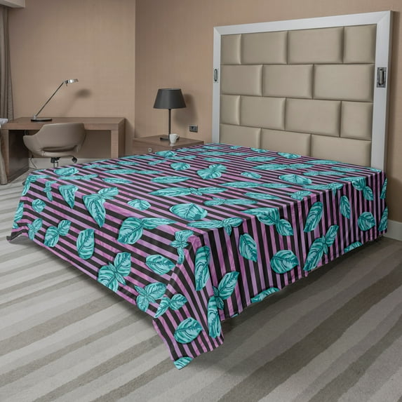 Ambesonne Botanical Flat Sheet, Spice Basil Leaves Motifs, Queen Size, Dark Seafoam Pale Purple Dark Grey