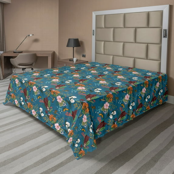 Ambesonne Botanical Flat Sheet, Tropical Flowers Birds, Full Size, Multicolor
