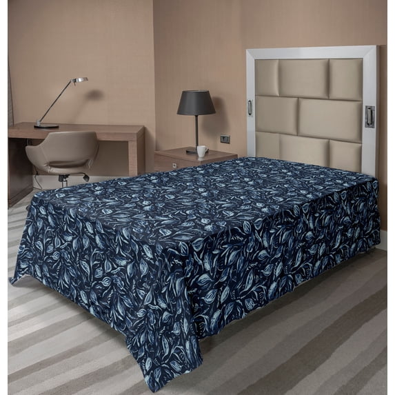 Ambesonne Botanical Flat Sheet, Watercolor Leafy Motif, Twin Size, Night Blue Sky Blue