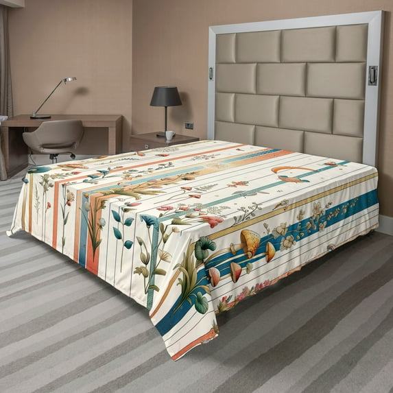 Ambesonne Botanical Flat Sheet, Woodland Bohemian Stripes, Full Size, Petrol Blue Salmon White