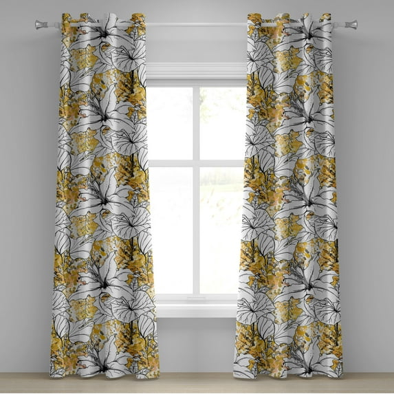 Ambesonne Botanical Grommet Curtain, Autumn Vibe Floral Art, 50"x120", Mustard White Black