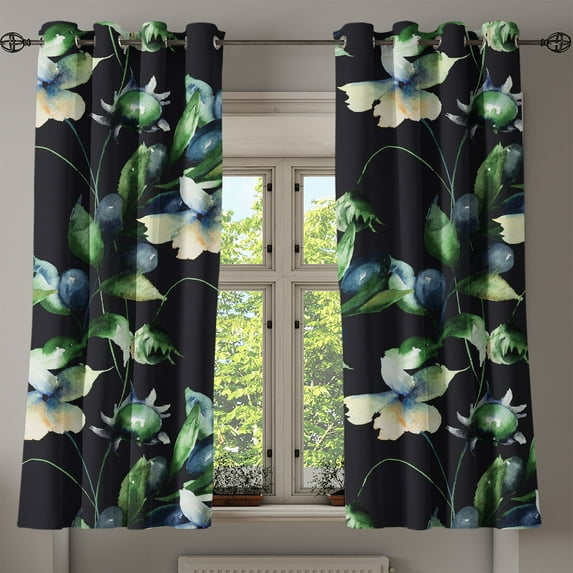 Ambesonne Botanical Grommet Curtain, Blooming Wild Art Flowers, 50"x63", Slate Blue Green and Black