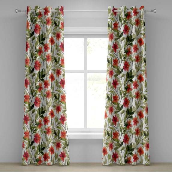 Ambesonne Botanical Grommet Curtain, Flowers Leafy Nature Vibe, 50"x84", Olive Green and Vermilion