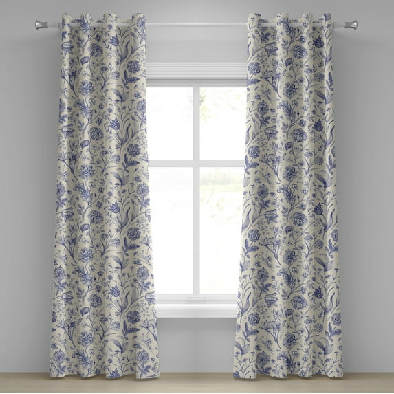 Ambesonne Botanical Grommet Curtain, Leafy Vintage Flowers Art, 50"x84", Ivory and Blue Violet