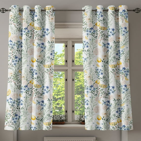 Ambesonne Botanical Grommet Curtain, Print of Lemon and Floral, 50"x60", White Fern Green Mustard