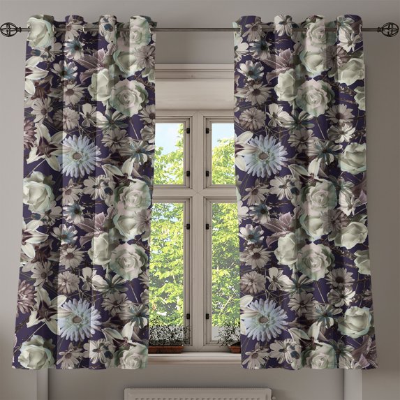 Ambesonne Botanical Grommet Curtain, Vintage Pattern of Lily, 50"x63", Dark Purple Eggshell Tan