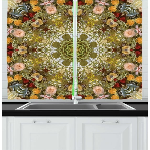 Ambesonne Botanical Kitchen Curtains, Abstract Fractal Flowers, 55"x45", Fawn Multicolor