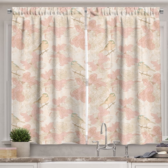 Ambesonne Botanical Kitchen Curtains, Birds on Branches Flowers, 55"x45", Blush Peach