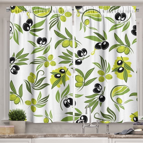 Ambesonne Botanical Kitchen Curtains, Fresh Olive Branches Art, 55"x45", Green White and Charcoal Grey