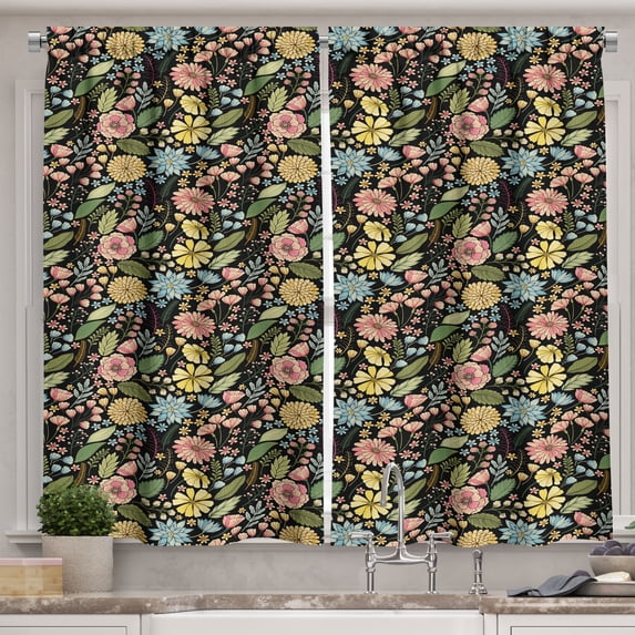 Ambesonne Botanical Kitchen Curtains, Vintage Design Flourishes, 55"x45", Charcoal Grey and Multicolor