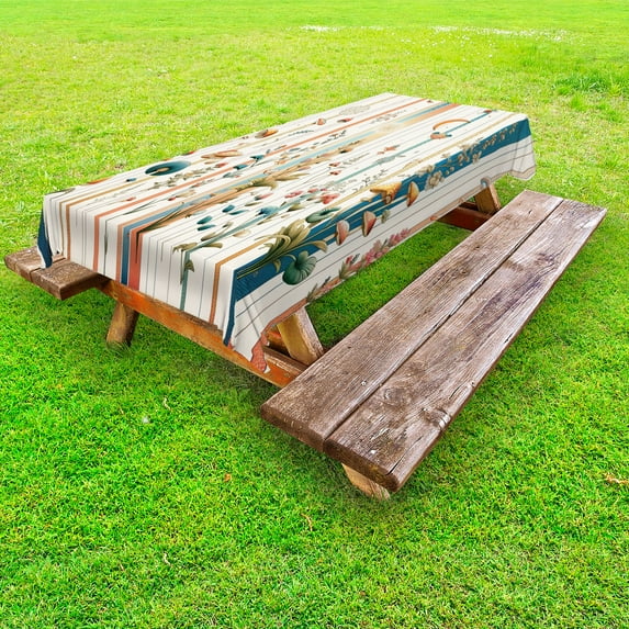 Ambesonne Botanical Outdoor Tablecloth, Woodland Bohemian Stripes, 58"x104", Petrol Blue Salmon White