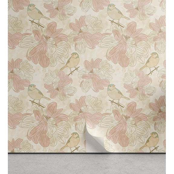 Ambesonne Botanical Peel & Stick Wallpaper for Home, Birds on Branches Flowers, 13"x36", Blush Peach