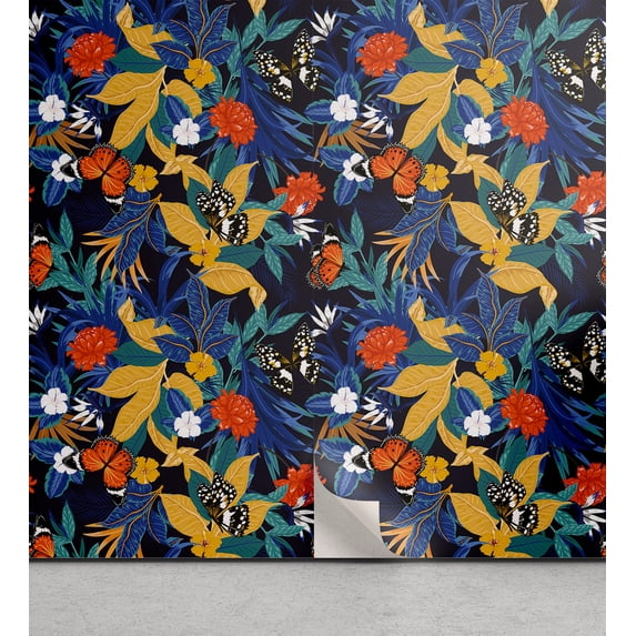 Ambesonne Botanical Peel & Stick Wallpaper for Home, Butterflies Jungle Leaves, 13"x100", Indigo and Multicolor