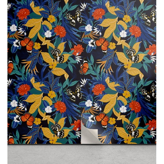 Ambesonne Botanical Peel & Stick Wallpaper for Home, Butterflies Jungle Leaves, 13"x36", Indigo and Multicolor
