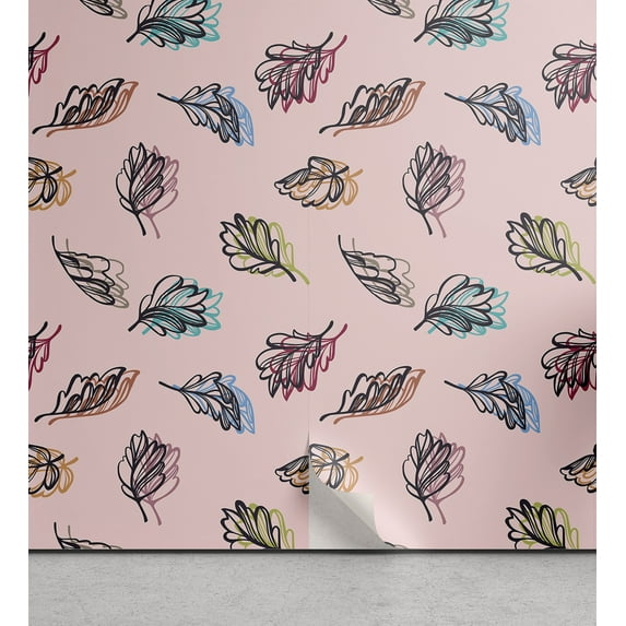 Ambesonne Botanical Peel & Stick Wallpaper for Home, Colorful Leaves Sketchy, 13"x36", Sky Blue and Pale Rust