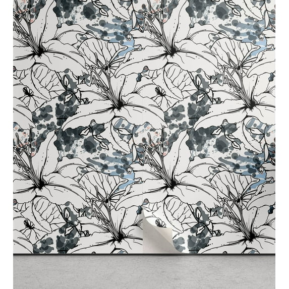 Ambesonne Botanical Peel & Stick Wallpaper for Home, Forest Flowers Exotic Art, 13"x72", Dark Blue Grey and White