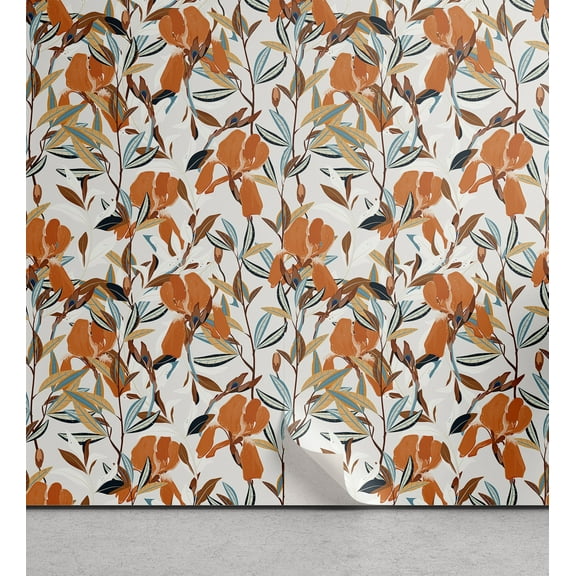Ambesonne Botanical Peel & Stick Wallpaper for Home, Iris Flowers Vintage Plot, 13"x36", Burnt Orange Blue Grey