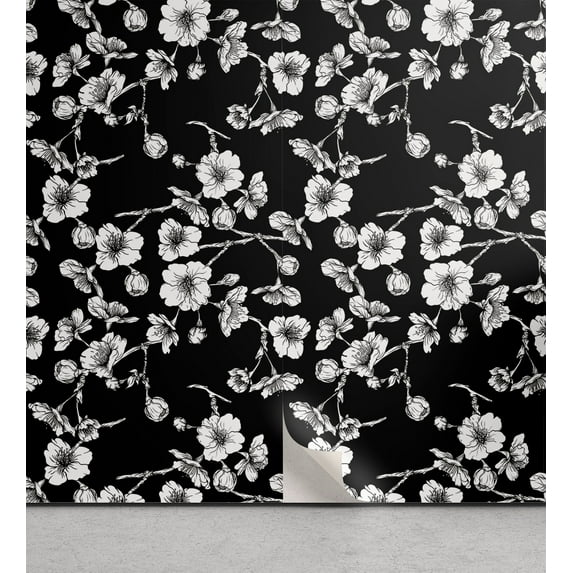 Ambesonne Botanical Peel & Stick Wallpaper for Home, Japanese Sakura Floral, 13"x72", Charcoal Grey White