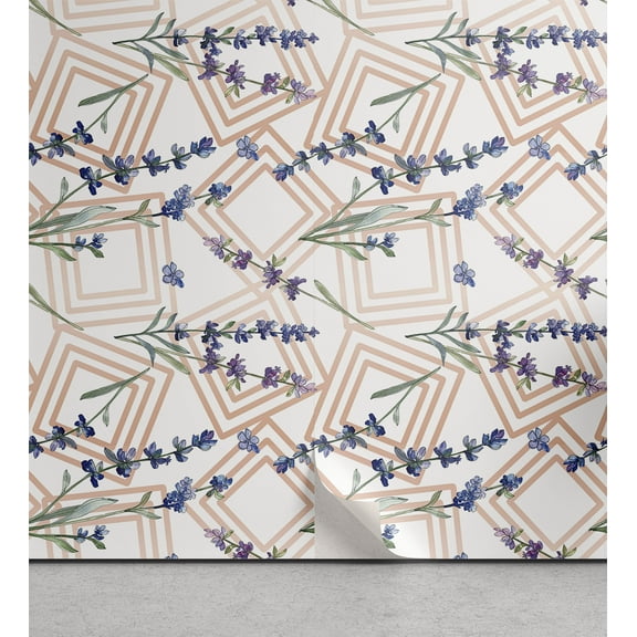 Ambesonne Botanical Peel & Stick Wallpaper for Home, Lavender on Pastel Square, 13"x36", Peach and Violet Blue