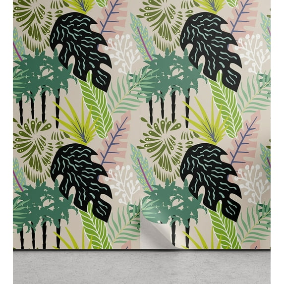 Ambesonne Botanical Peel & Stick Wallpaper for Home, Memphis Art Jungle Leaves, 13"x36", Multicolor