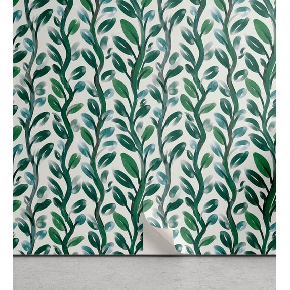 Ambesonne Botanical Peel & Stick Wallpaper for Home, Vertical Leaves Vintage, 13"x100", Fern Green and Pale Teal