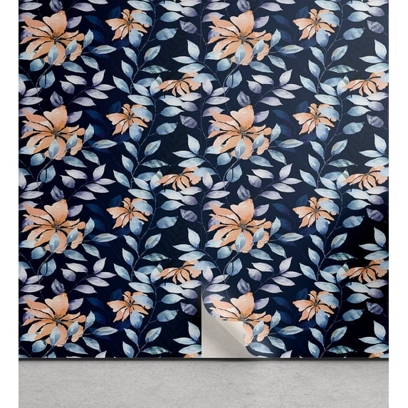 Ambesonne Botanical Peel & Stick Wallpaper for Home, Wild Floral on Night Back, 13"x36", Navy Blue and Peach