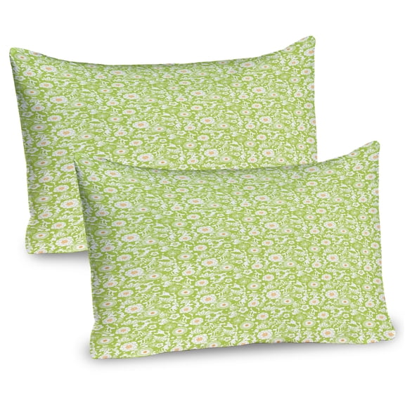 Ambesonne Botanical Pillow Sham 2 Pack, Abstract Floral Details, 26"x20", Apple Green Pale Orange