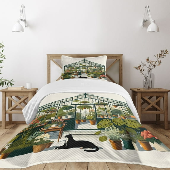 Ambesonne Botanical Quilted Bedspread Set 2 Pcs, Greenhouse and Big Cat, Twin Size, Olive Green and Dark Teal