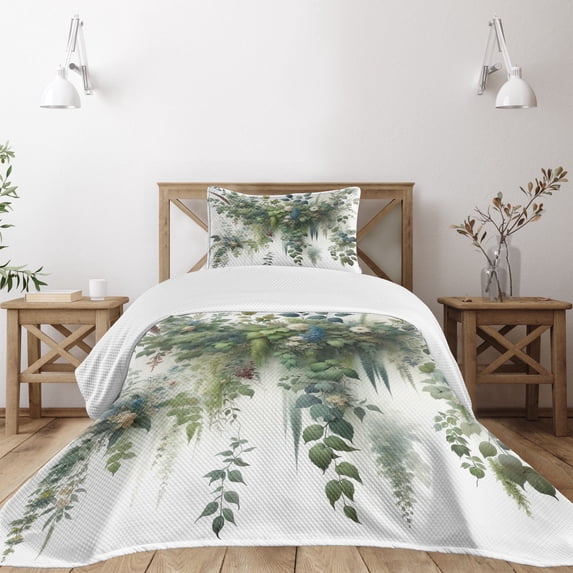 Ambesonne Botanical Quilted Bedspread Set 2 Pcs, Leaves Cascading Down Art, Twin Size, Green Blue and White