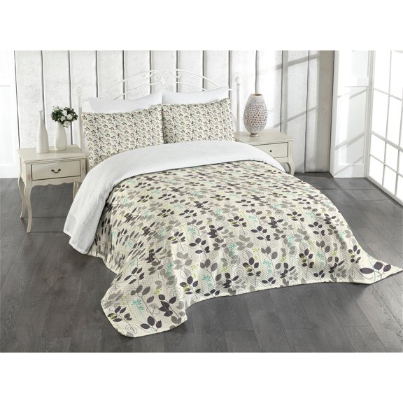 Ambesonne Botanical Quilted Bedspread Set 3 Pcs, 70s Style Interior Design, King Size, Multicolor