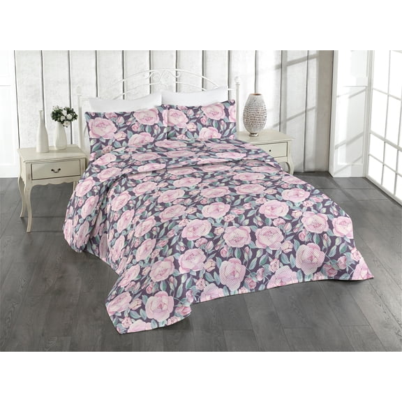 Ambesonne Botanical Quilted Bedspread Set 3 Pcs, Art English Garden Roses, Queen, Quartz and Soft Pink
