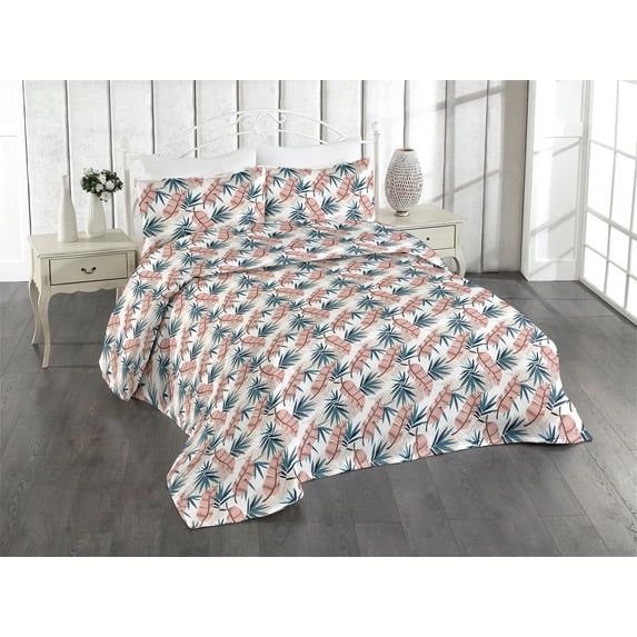 Ambesonne Botanical Quilted Bedspread Set 3 Pcs, Art Exotic Leafy Pattern, Twin, Ivory Fern Green Blush