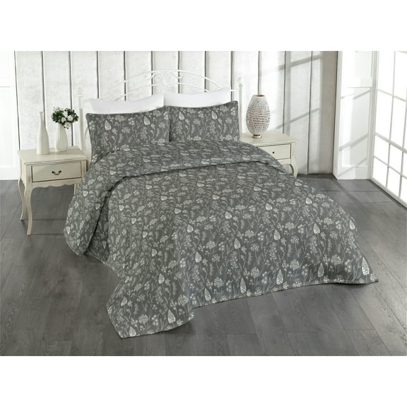 Ambesonne Botanical Quilted Bedspread Set 3 Pcs, Art Retro Branches Floral, King, Grey