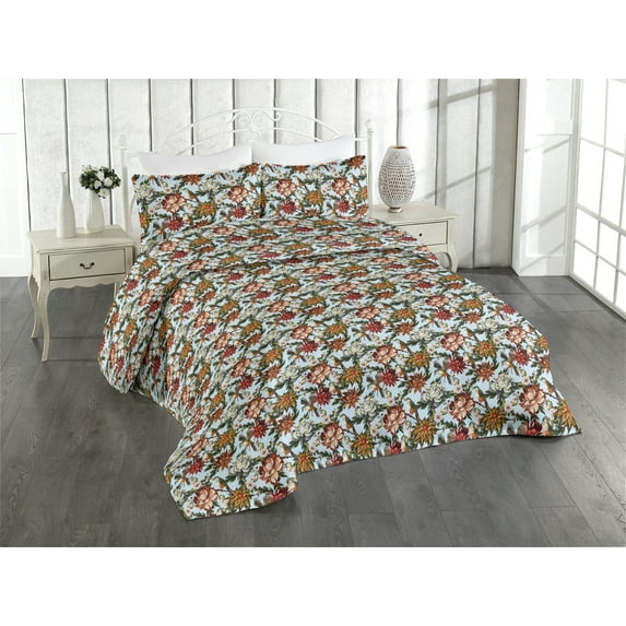 Ambesonne Botanical Quilted Bedspread Set 3 Pcs, Bird Print Spring Flowers, Twin, Soft Blue and Multicolor