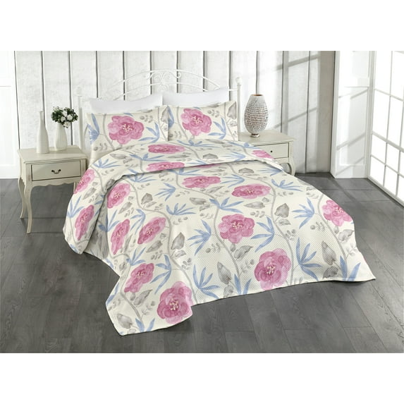 Ambesonne Botanical Quilted Bedspread Set 3 Pcs, Flowers Garden Retro Art, Twin, Pale Pink Pale Grey