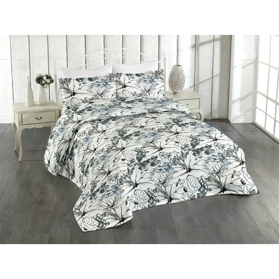Ambesonne Botanical Quilted Bedspread Set 3 Pcs, Forest Flowers Exotic Art, King, Dark Blue Grey and White