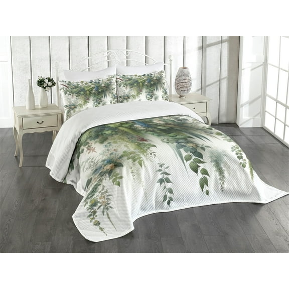 Ambesonne Botanical Quilted Bedspread Set 3 Pcs, Leaves Cascading Down Art, King Size, Green Blue and White