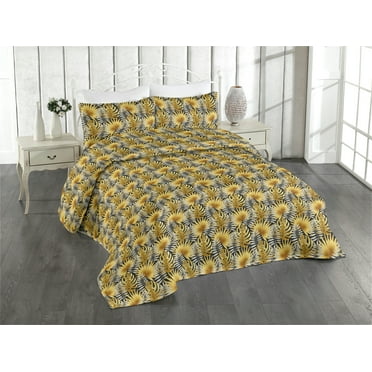 Ambesonne Botanical Quilted Bedspread Set 3 Pcs, Monstera Leaves Tropical, King, Mustard and Charcoal Grey